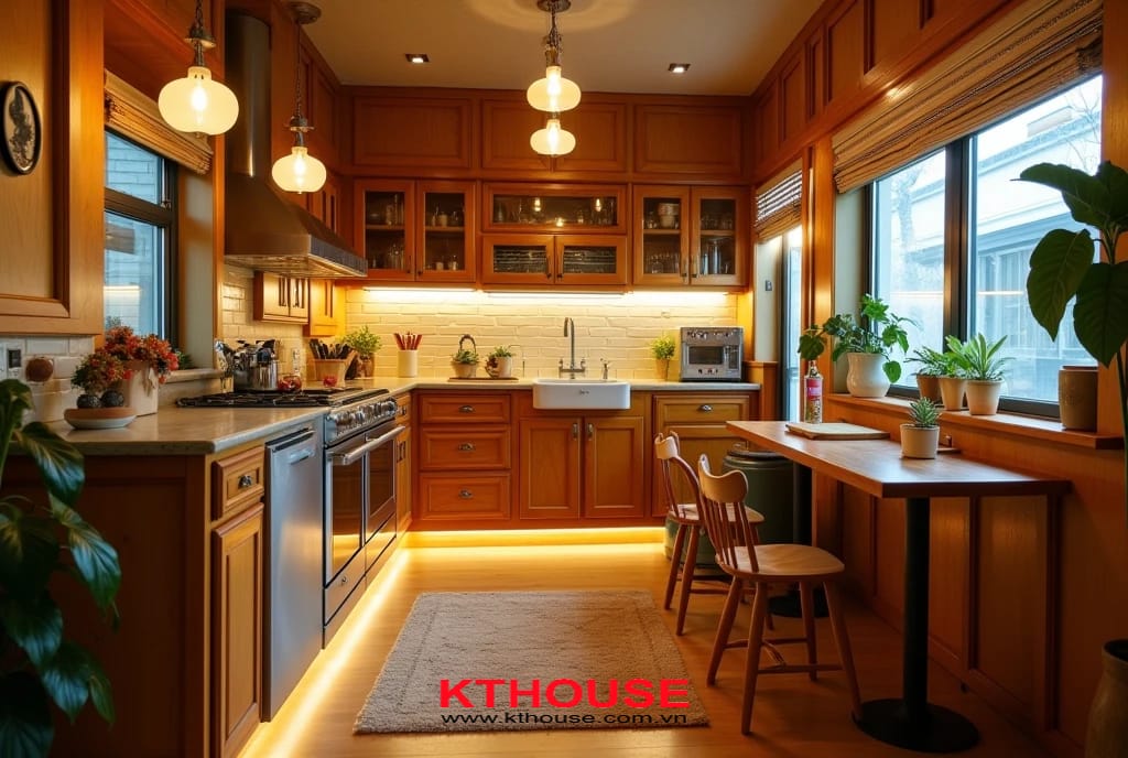 Không gian bếp phong cách Retro kết hợp hiện đại, tấm ốp lam sóng trang trí tường