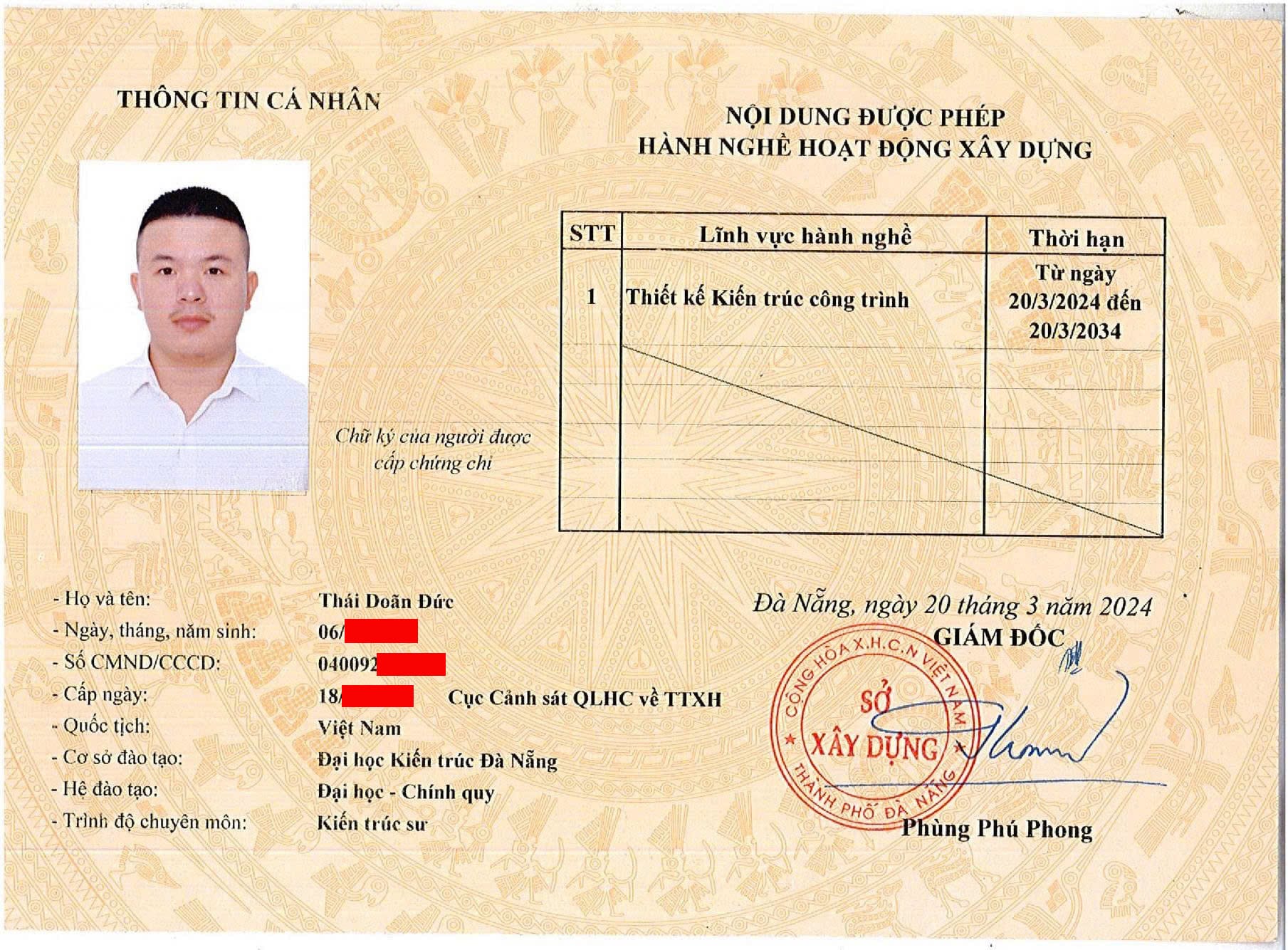 Chứng chỉ hành nghề Kiến trúc sư - KTS Thái Đức